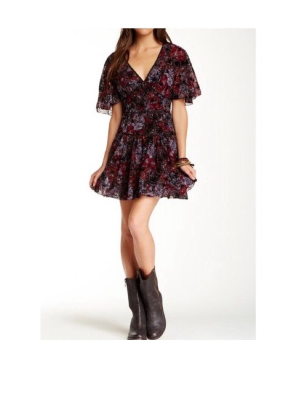 FREE PEOPLE Dress Womens 2‎ Floral Mini Flutter Sleeve Button Front Boho